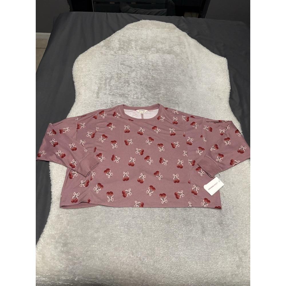Lucky Brand NWT Cherry Heart Bow Print Pullover Sweatshirt Cropped Mauve Small